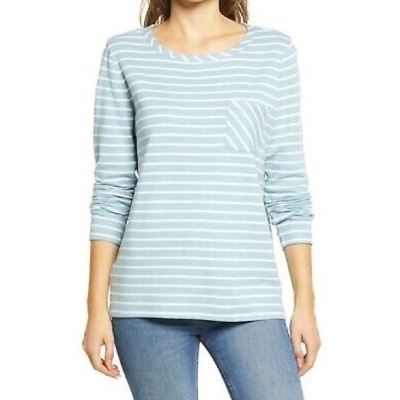 Caslon Stripe Scoop Neck Top Casual Long Sleeve Front Pocket Size XL Blue NEW - Picture 1 of 5